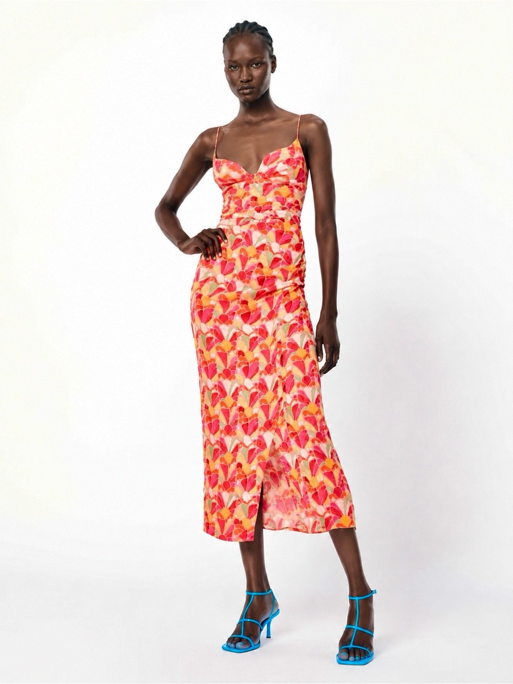 Zara Abstract Floral Ruched Slip Midi Dress Pink Orange Size XS